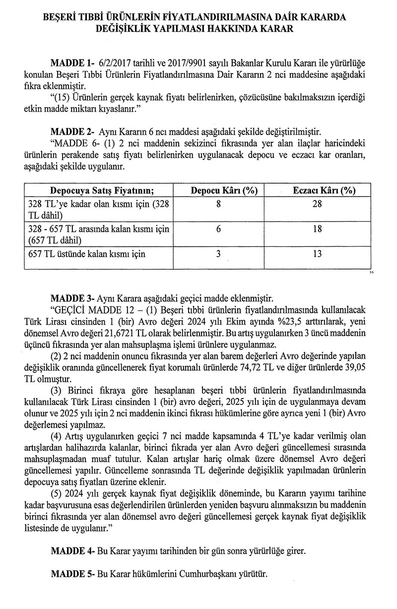 Beşeri Tıbbi Ürünlerin Fiyatlandırılmasına Dair Kararda Değişiklik Yapılması Hakkında Karar