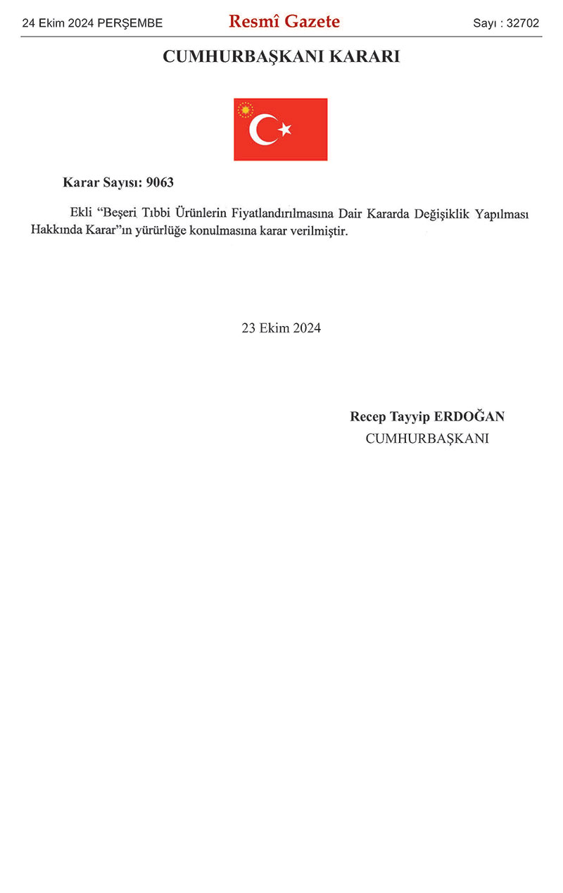 Beşeri Tıbbi Ürünlerin Fiyatlandırılmasına Dair Kararda Değişiklik Yapılması Hakkında Karar kapak